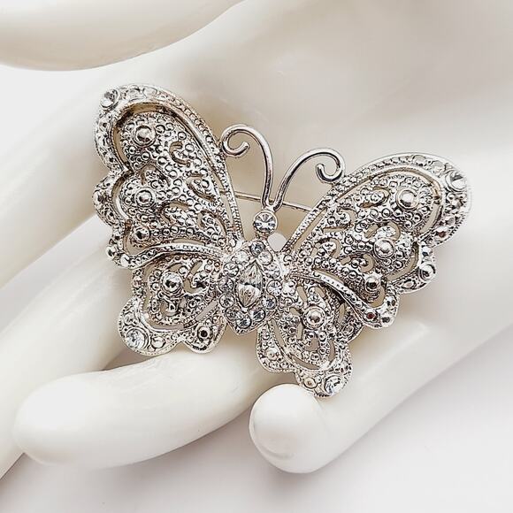 Vintage Silver Tone Clear Rhinestone Butterfly Brooch Pin - 2 1/8 Inches - Picture 3 of 10